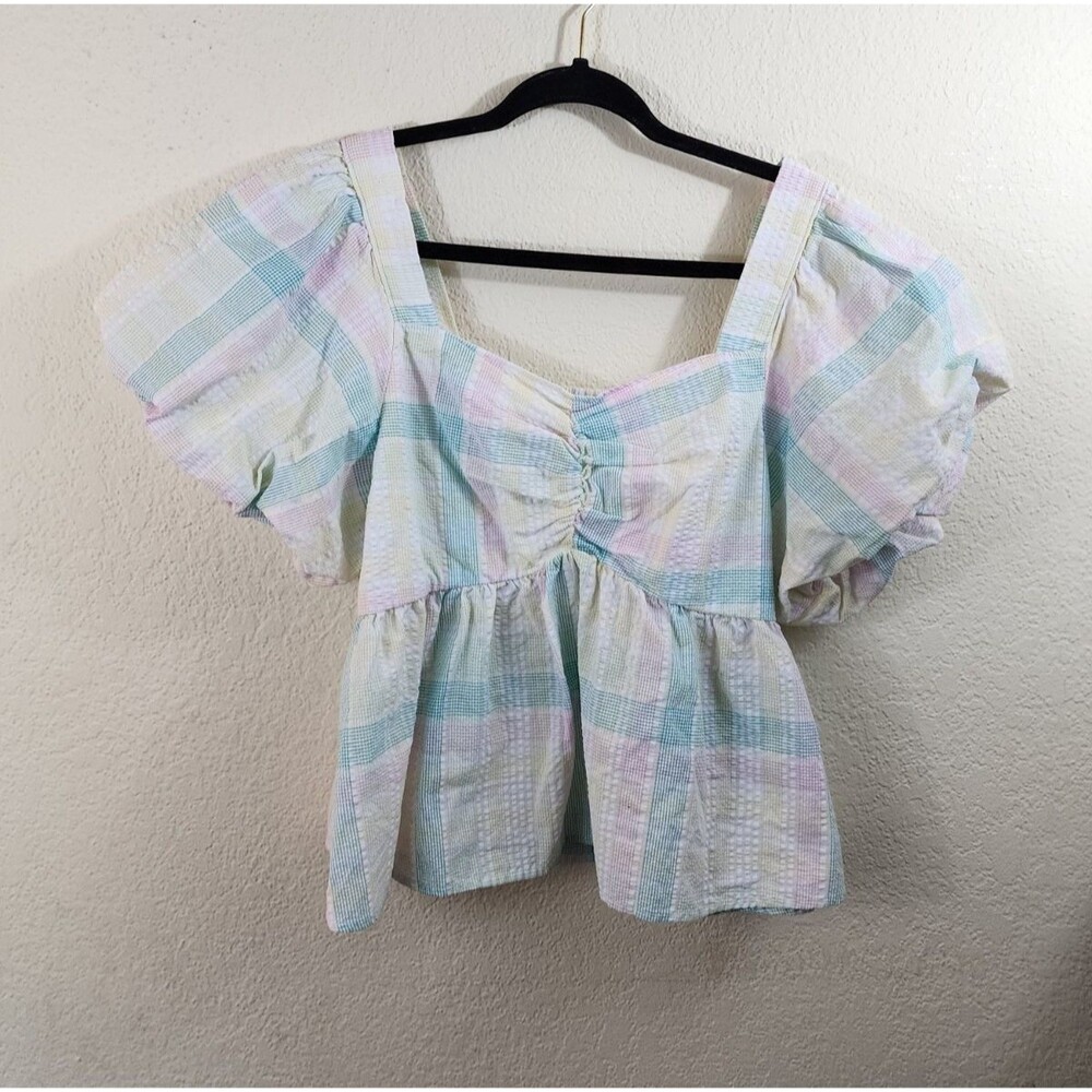 Old Navy Womens L Pastel Square Neck Checked Seer Sucker Puff Sleeve Blouse